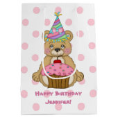 パーソナライズな誕生日くまのカップケーキのピンク ミディアムペーパーバッグ (裏面)