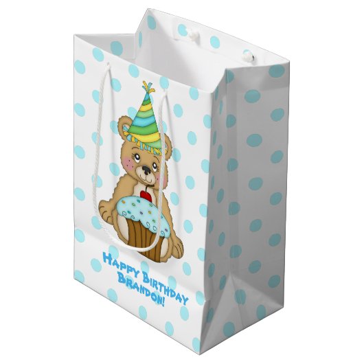 パーソナライズな誕生日の男の子くま ミディアムペーパーバッグ (正面アングル)