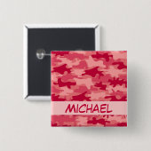 パーソナライズな赤い迷彩柄のカムフラージュの名前 缶バッジ (正面&裏面)