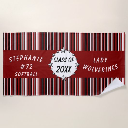 パーソナライズな赤くおよび黒い学校の卒業 ビーチタオル (正面)