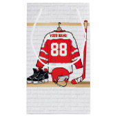 パーソナライズな赤と白のアイスホッケージャージー スモールペーパーバッグ (裏面)