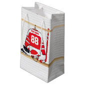 パーソナライズな赤と白のアイスホッケージャージー スモールペーパーバッグ (裏面アングル)