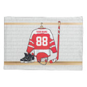 パーソナライズな赤と白のアイスホッケージャージー 枕カバー (裏面)