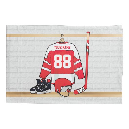 パーソナライズな赤と白のアイスホッケージャージー 枕カバー (裏面)