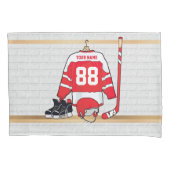 パーソナライズな赤と白のアイスホッケージャージー 枕カバー (正面)