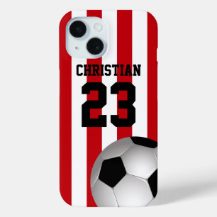 パーソナライズな赤と白のストライプのサッカーボール iPhone 15ケース