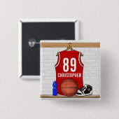 パーソナライズな赤と白のバスケットボールジャージー 缶バッジ (正面&裏面)