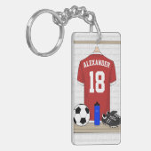 パーソナライズな赤と白のフットボールのサッカージャージー キーホルダー (正面左)