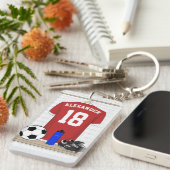 パーソナライズな赤と白のフットボールのサッカージャージー キーホルダー (正面右)