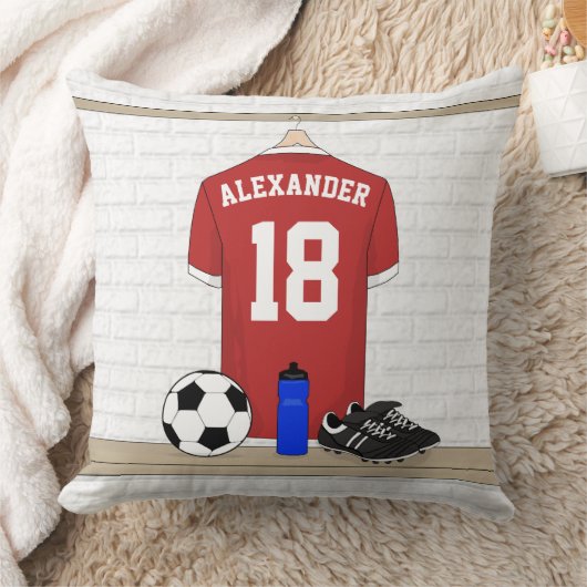 パーソナライズな赤と白のフットボールのサッカージャージー クッション (ブランケット)