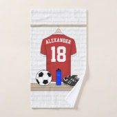 パーソナライズな赤と白のフットボールのサッカージャージー バスタオルセット (ハンドタオル)