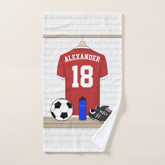 パーソナライズな赤と白のフットボールのサッカージャージー バスタオルセット (ハンドタオル)
