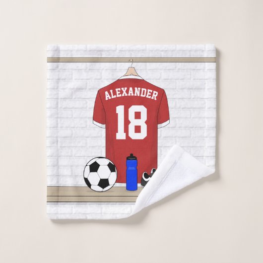 パーソナライズな赤と白のフットボールのサッカージャージー バスタオルセット (ウォッシュタオル)