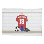 パーソナライズな赤と白のフットボールのサッカージャージー 枕カバー (裏面)