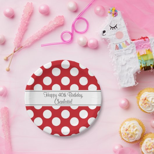 パーソナライズな赤と白の水玉模様の紙皿 ペーパープレート (パーティー)
