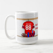 パーソナライズな赤白青のフットボールジャージー コーヒーマグカップ (左)