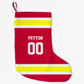 パーソナライズな赤、金ゴールド及び白いフットボール・チーム スモールクリスマスストッキング (正面)