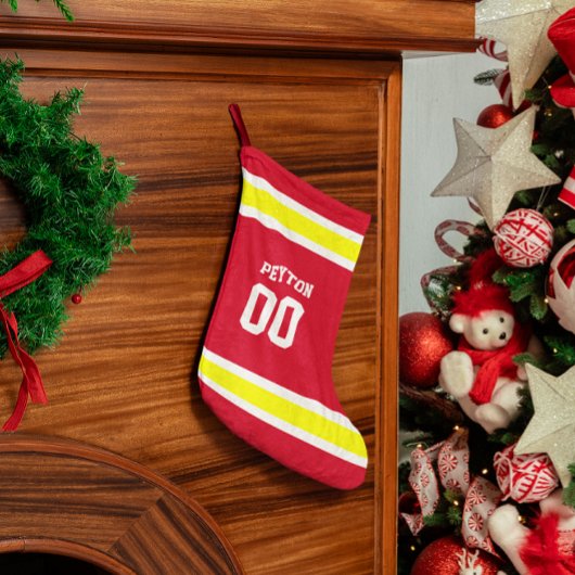 パーソナライズな赤、金ゴールド及び白いフットボール・チーム スモールクリスマスストッキング