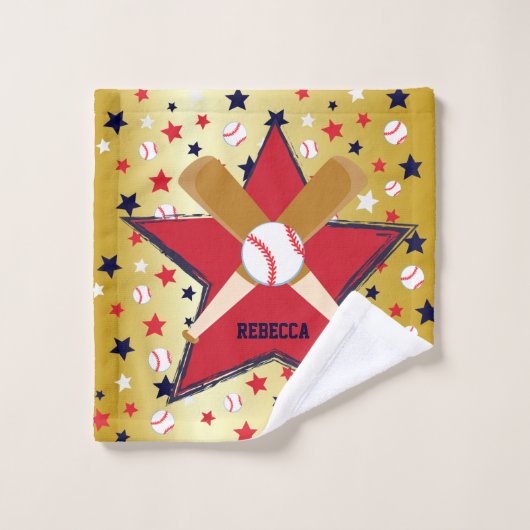 パーソナライズな野球用バットの球および星の金ゴールド バスタオルセット (ウォッシュタオル)