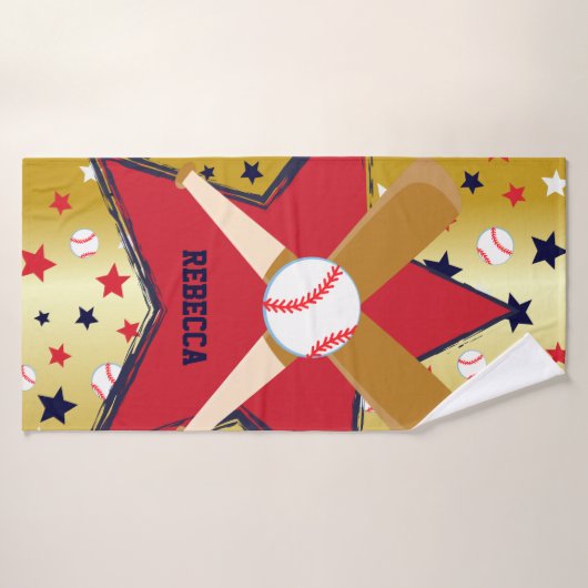 パーソナライズな野球用バットの球および星の金ゴールド バスタオル (バスタオル)