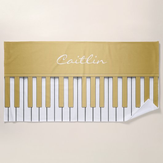 パーソナライズな金ゴールドのピアノキーボード音楽 ビーチタオル (正面)