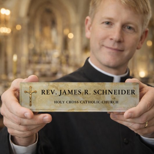 パーソナライズな金ゴールドの十字架像の十字の白の大理石 デスクネームプレート