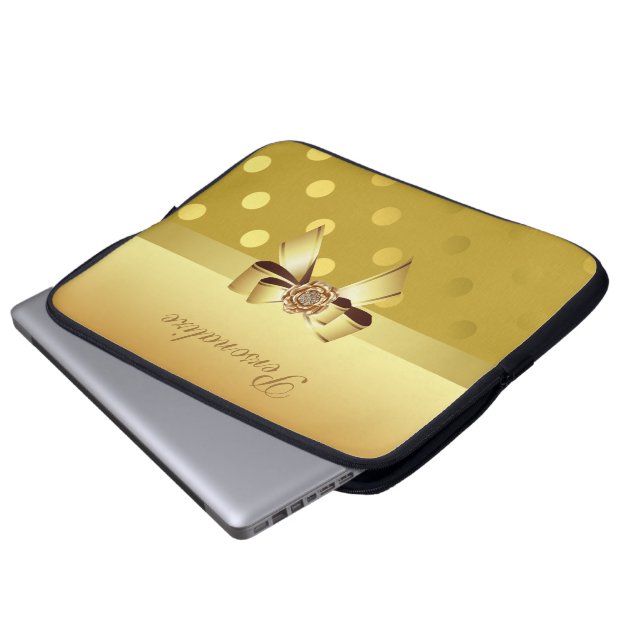 パーソナライズな金ゴールドの水玉模様、弓及びダイヤモンド ラップトップスリーブ (正面下部)