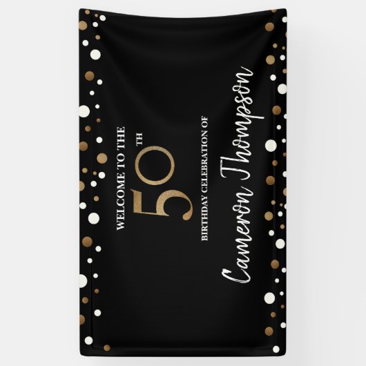 パーソナライズな金ゴールドの白い紙吹雪の第50誕生日 横断幕 (縦)