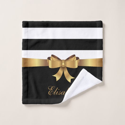 パーソナライズな金ゴールド、黒くはっきりしたなストライプの金弓 バスタオルセット (ウォッシュタオル)