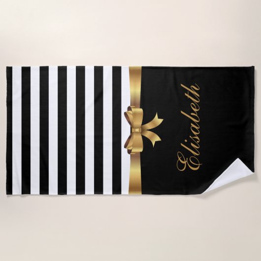 パーソナライズな金ゴールド、黒くはっきりしたなストライプの金弓 ビーチタオル (正面)