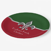 パーソナライズな銀製の(紋章の)フラ・ダ・リのクリスマス ペーパープレート (アングル)