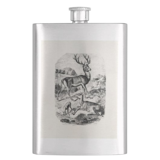 パーソナライズな雌ジカおよび子鹿を持つヴィンテージのアカシカの雄鹿 フラスク (正面)