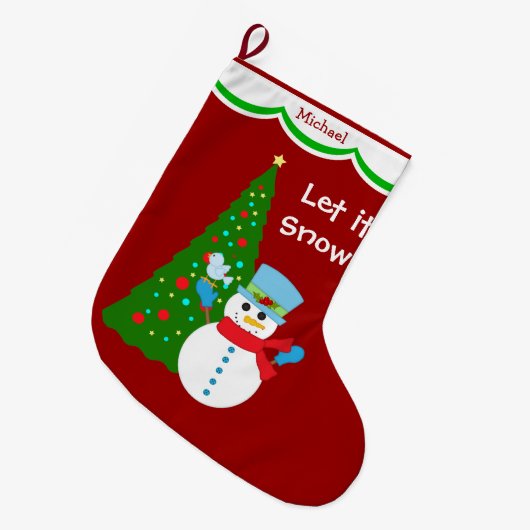 パーソナライズな雪だるまのクリスマスツリー ラージクリスマスストッキング (正面 (吊り時))