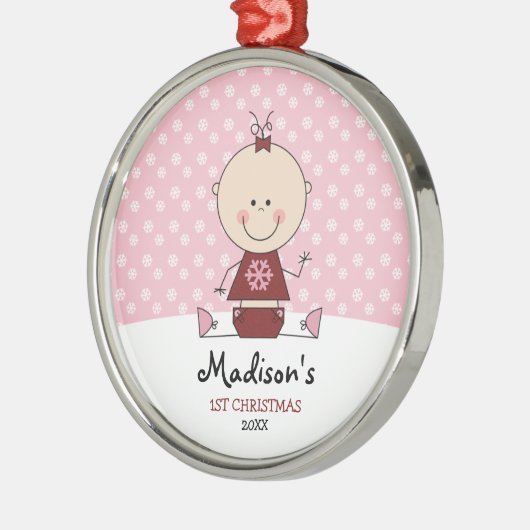 パーソナライズな雪片の女の赤ちゃんの第1クリスマス メタルオーナメント (左)