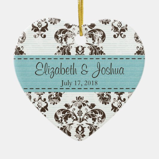 パーソナライズな青およびブラウンのヴィンテージのダマスク織の結婚式 セラミックオーナメント (正面)