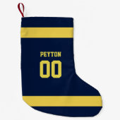 パーソナライズな青及び金ゴールドのフットボール・チーム スモールクリスマスストッキング (正面)