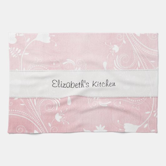 パーソナライズな静かにピンク及び白い花 キッチンタオル (横)