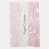 パーソナライズな静かにピンク及び白い花 キッチンタオル (縦)