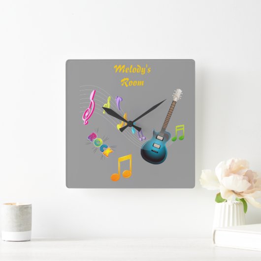 パーソナライズな音符及びギターの時計 スクエア壁時計 (ホーム)