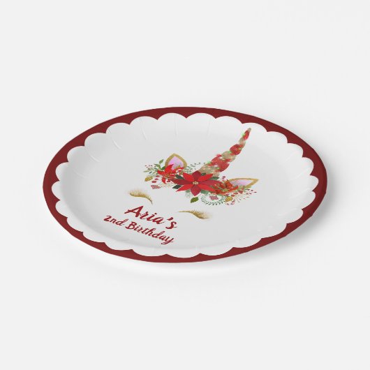 パーソナライズな魔法のクリスマスのユニコーンの誕生日 ペーパープレート (アングル)