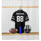 パーソナライズな黒いおよび銀製灰色のフットボールジャージー シャワーカーテン (正面)