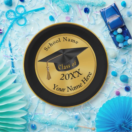パーソナライズな黒および金ゴールドの卒業のプレート ペーパープレート (パーティー)
