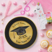 パーソナライズな黒および金ゴールドの卒業のプレート ペーパープレート (パーティー)