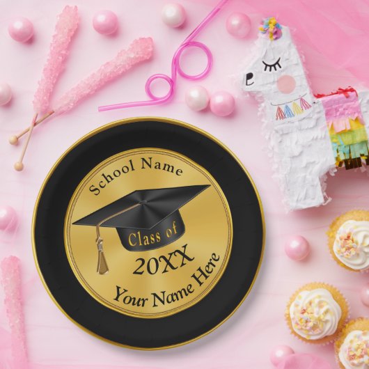 パーソナライズな黒および金ゴールドの卒業のプレート ペーパープレート (パーティー)