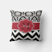 パーソナライズな黒く赤いダマスク織シェブロン クッション (裏面)
