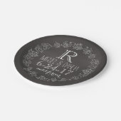 パーソナライズな黒板のモノグラムの結婚式の日付 ペーパープレート (アングル)