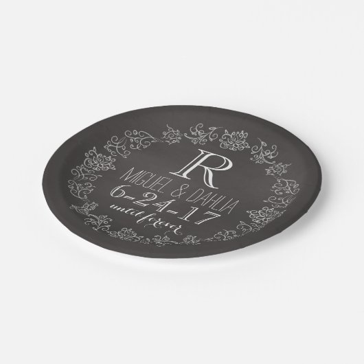 パーソナライズな黒板のモノグラムの結婚式の日付 ペーパープレート (アングル)