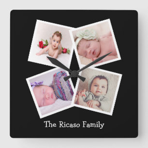 パーソナライズな4つの写真のコラージュ スクエア壁時計