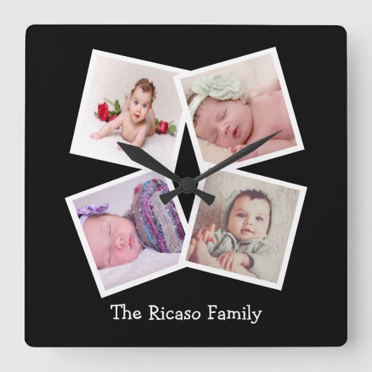 パーソナライズな4つの写真のコラージュ スクエア壁時計 (正面)