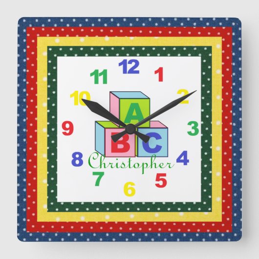 パーソナライズな(あらゆる名前の)子供の時計w/Numbers スクエア壁時計 (正面)